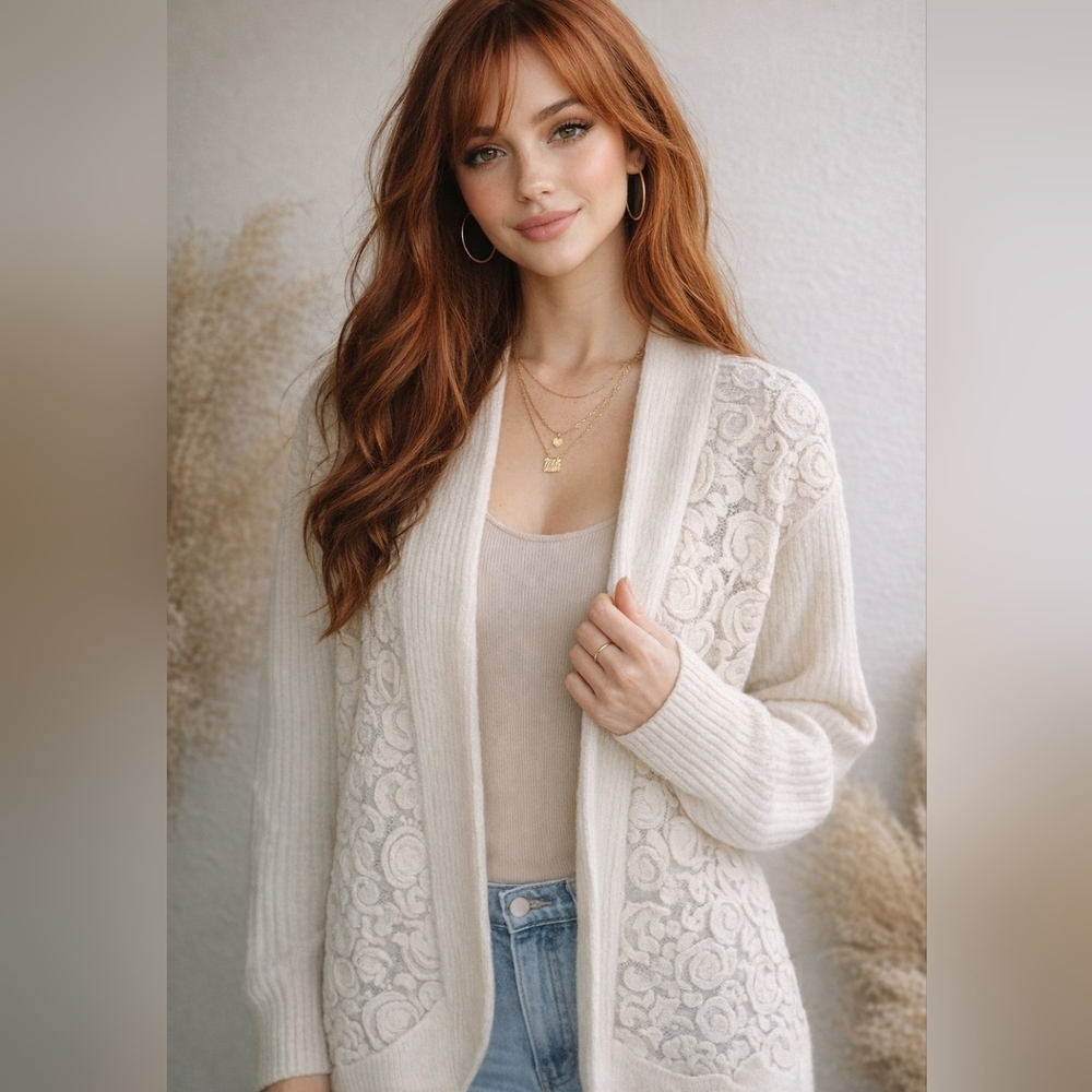 Michelle Nichol Ivory Lace Cardigan M/L Open Front Rib Knit Boho Cottagecore